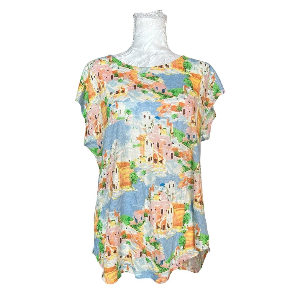 Multicolor Mediterranean Village Print Linen Cap Sleeve Swing Top XL
